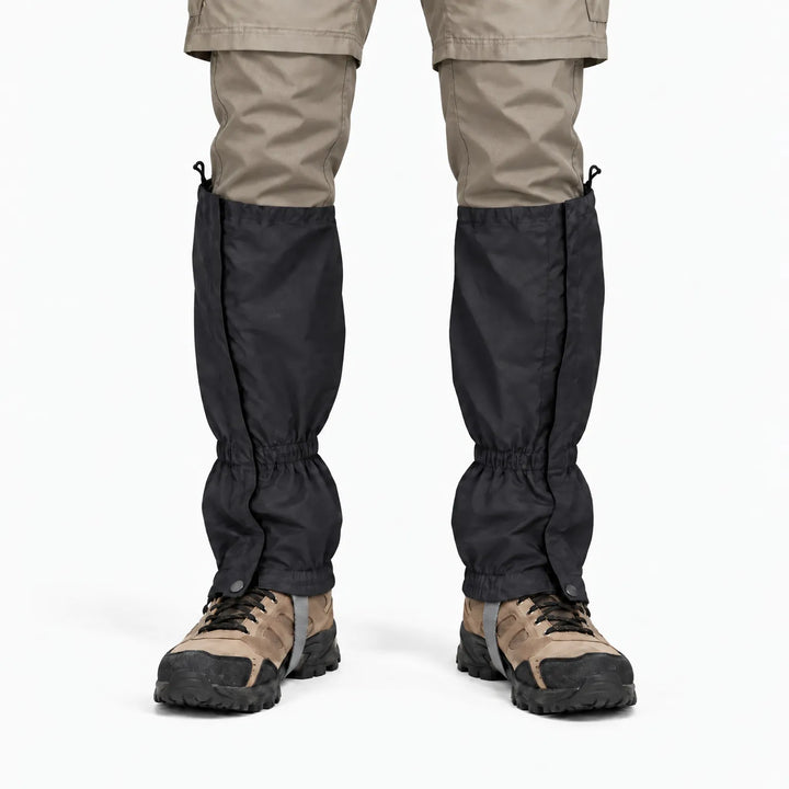 Front view of black gaiters worn over hiking boots with beige trousers, showing the front closure flap, snap fasteners and elastic cuffs. 9