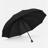 Open black umbrella tilted to show its underside, metal ribs and straight handle against a white background. 5