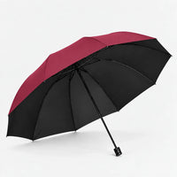 Open burgundy umbrella tilted to show its black underside, ribs and straight black handle on a white background. 6