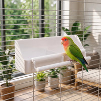 Green lovebird with a red face perching on the feeder's lower bar, fitted to a cage in a bright room. 2