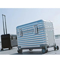 Silver case in the foreground with a black case behind, both standing outdoors on spinner wheels 5