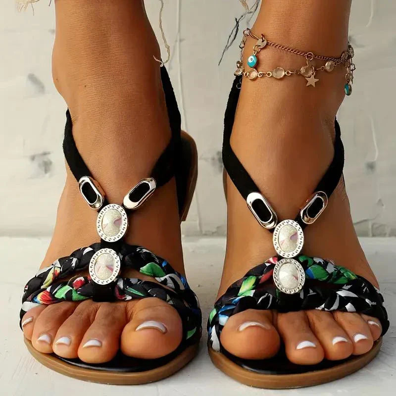Boho-Beaded Slip-On Summer Sandals - Amira-Black-3-State of Style