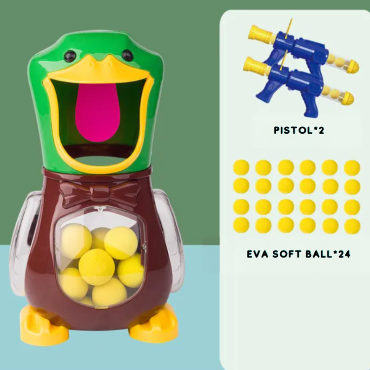 Duck target with bow tie beside a set of two launchers and twenty-four foam balls 8
