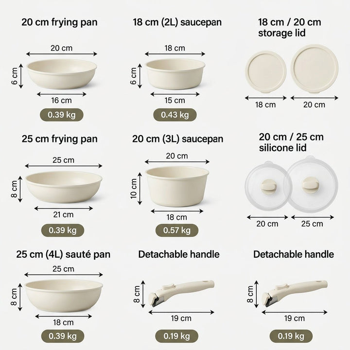 Diagram of each pan, lid and detachable handle in the set, with dimensions and weights listed in Dutch 6