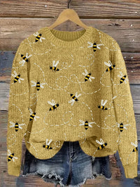 Charming Knitted Sweater with Bee Embroidery Pattern - Marlise-Yellow-S-State of Style