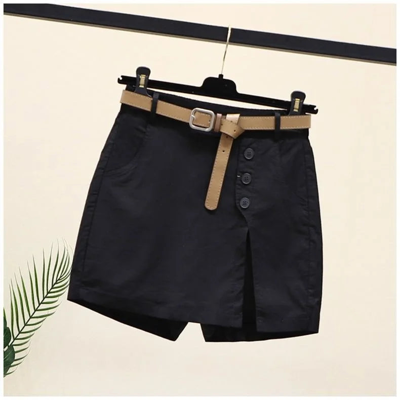 Comfortable Plus-Size Cotton Summer Shorts-Black with Belt-2XL-State of Style