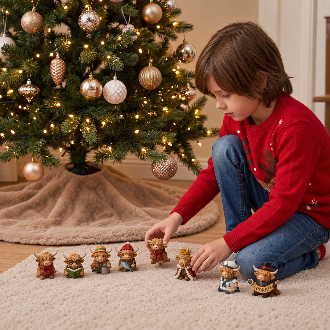 Child in a red jumper arranges a row of costumed Highland cow miniatures on a rug by a Christmas tree 1