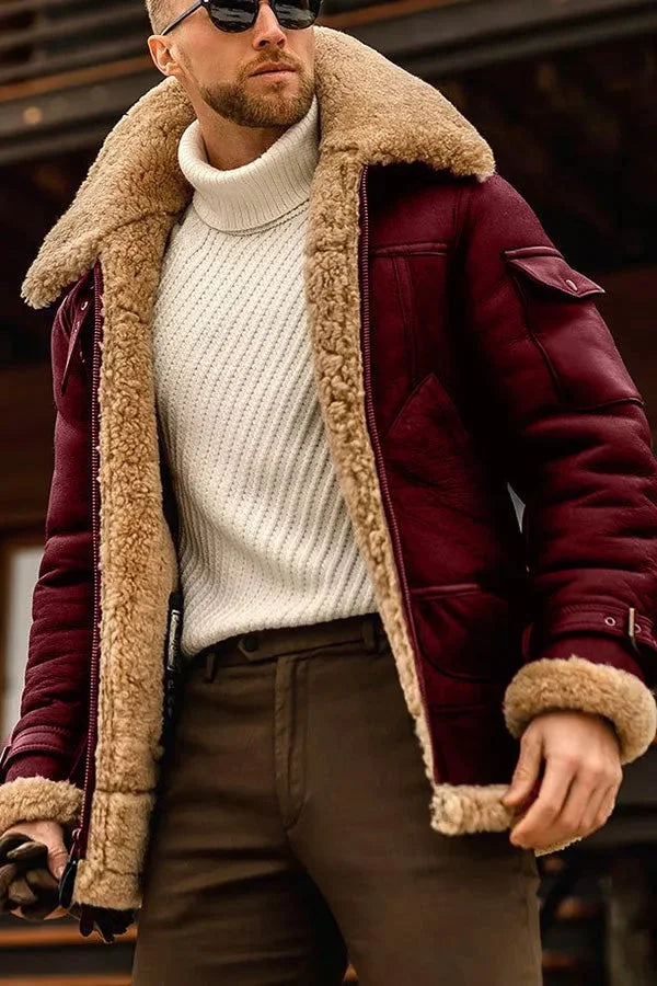Close-up of the burgundy colour option worn open, showing fleece collar, flap pockets and cuff 4