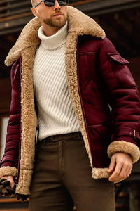 Close-up of a model wearing the jacket in burgundy with a fleece collar and cuffs 4