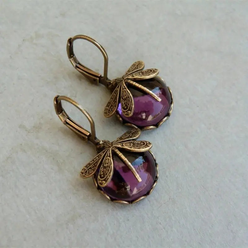 Elegant Dragonfly Moonstone Drop Earrings-PURPLE-State of Style