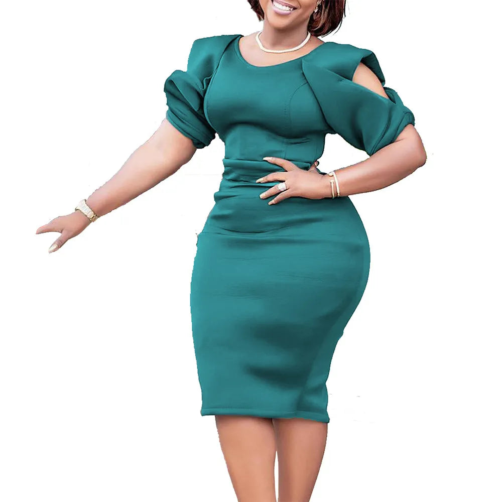 Elegant Plus Size Short Puff Sleeve Dress-Green-S-State of Style