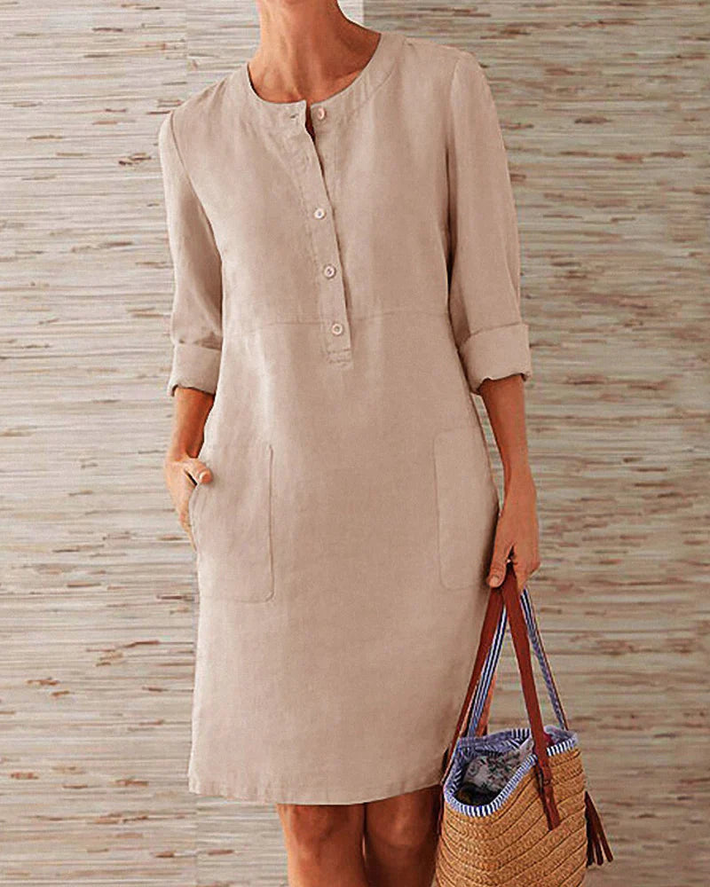 Elegant summer dress with button placket – Allegra-Khaki-S-State of Style