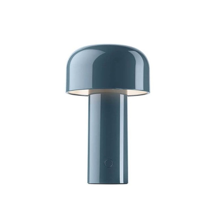 Slate blue glossy mushroom lamp on a white background, with round button near the base 4