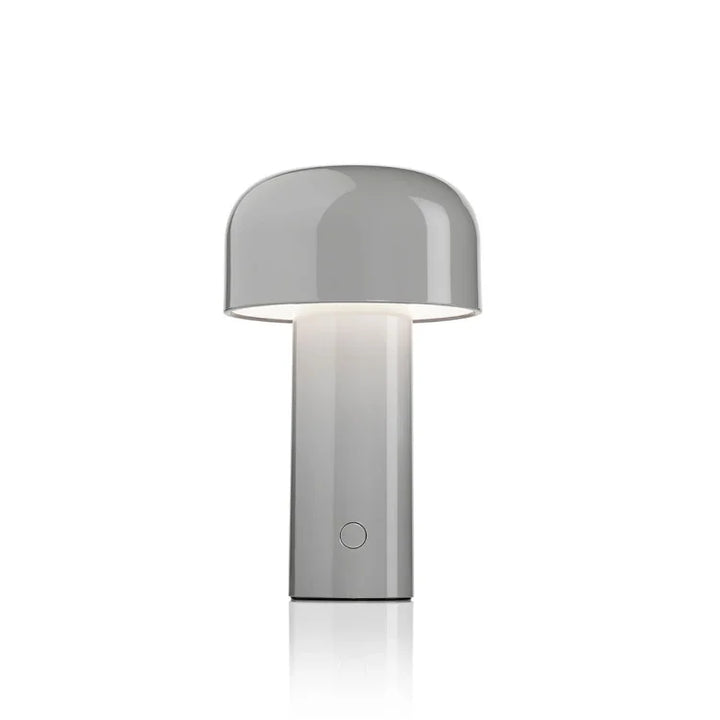 Grey glossy mushroom lamp with warm light under the dome, on a white background 6