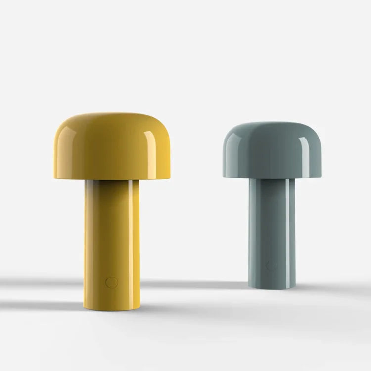 Yellow and grey-blue mushroom lamps side by side on a white studio background 15