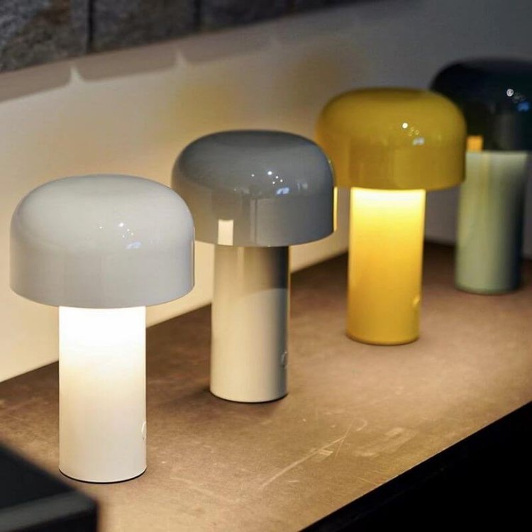 Row of lit mushroom lamps in white, grey, yellow and dark colours on a shelf 19