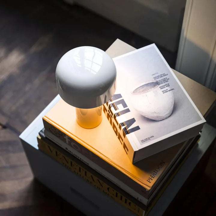 White mushroom lamp glowing warmly on a stack of coffee table books beside a window 21