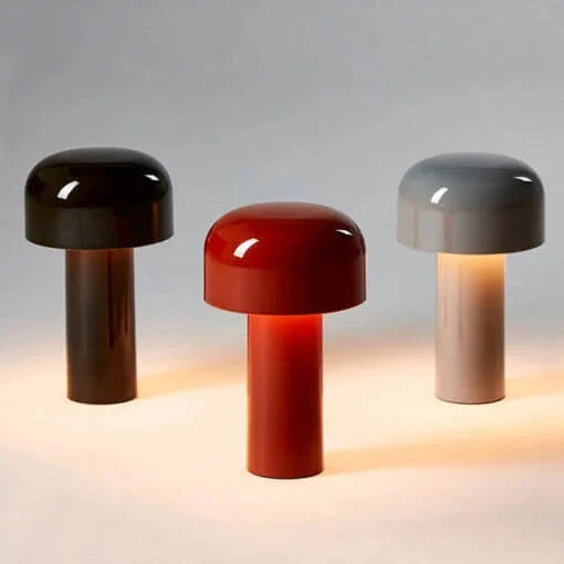 Three glowing mushroom lamps side by side in dark brown, red and grey 26