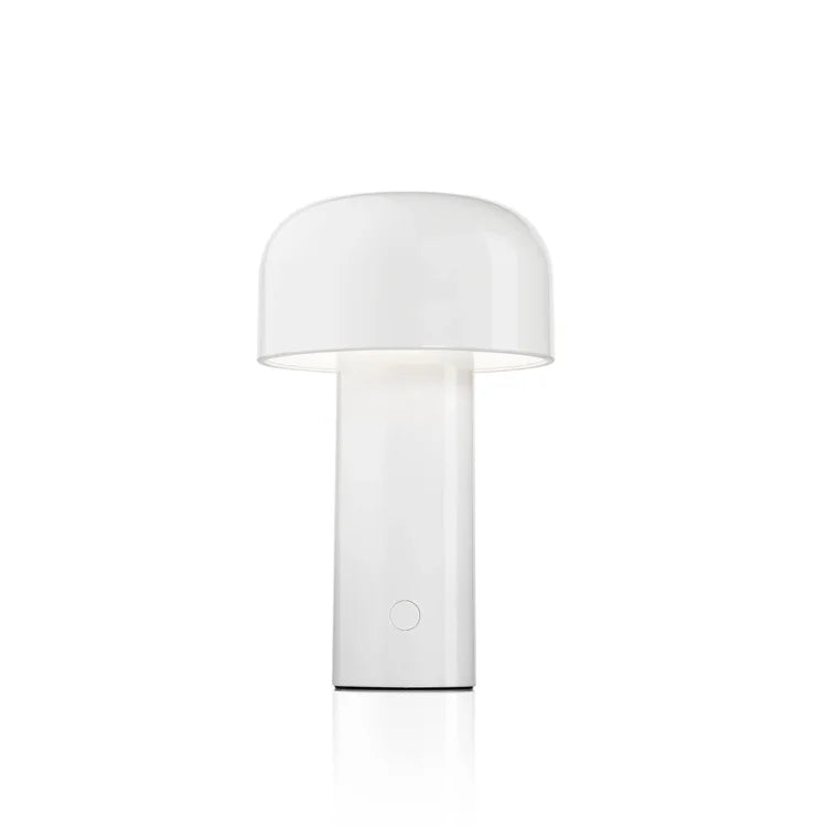 White glossy mushroom lamp on a plain white background, showing the round button on its base 2