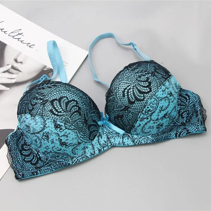 Plus Size Embroidered Lace Push-Up Bra-Blue-12B-State of Style