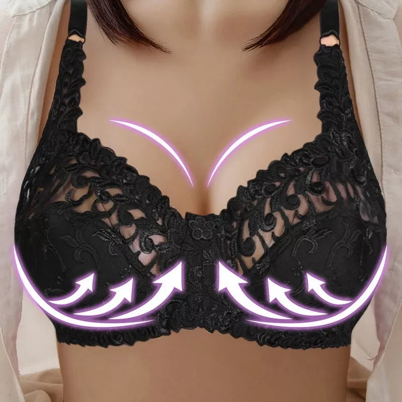 Plus Size Embroidered Lace Push-Up Bra – Elegant & Supportive-Black-10CD-State of Style