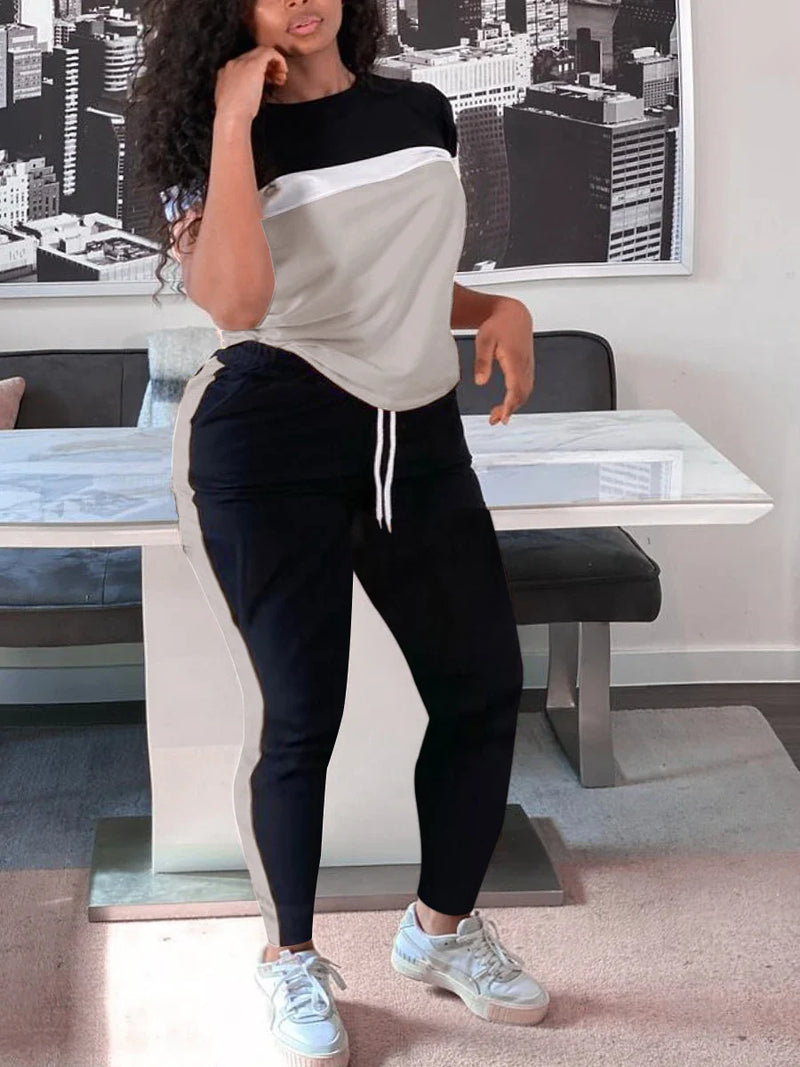 Plus-Size Patchwork Drawstring Pants Set-Grey-XL-State of Style