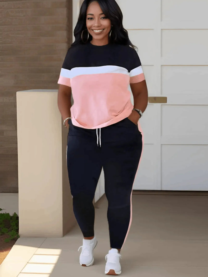 Plus-Size Patchwork Drawstring Pants Set-Pink-XL-State of Style