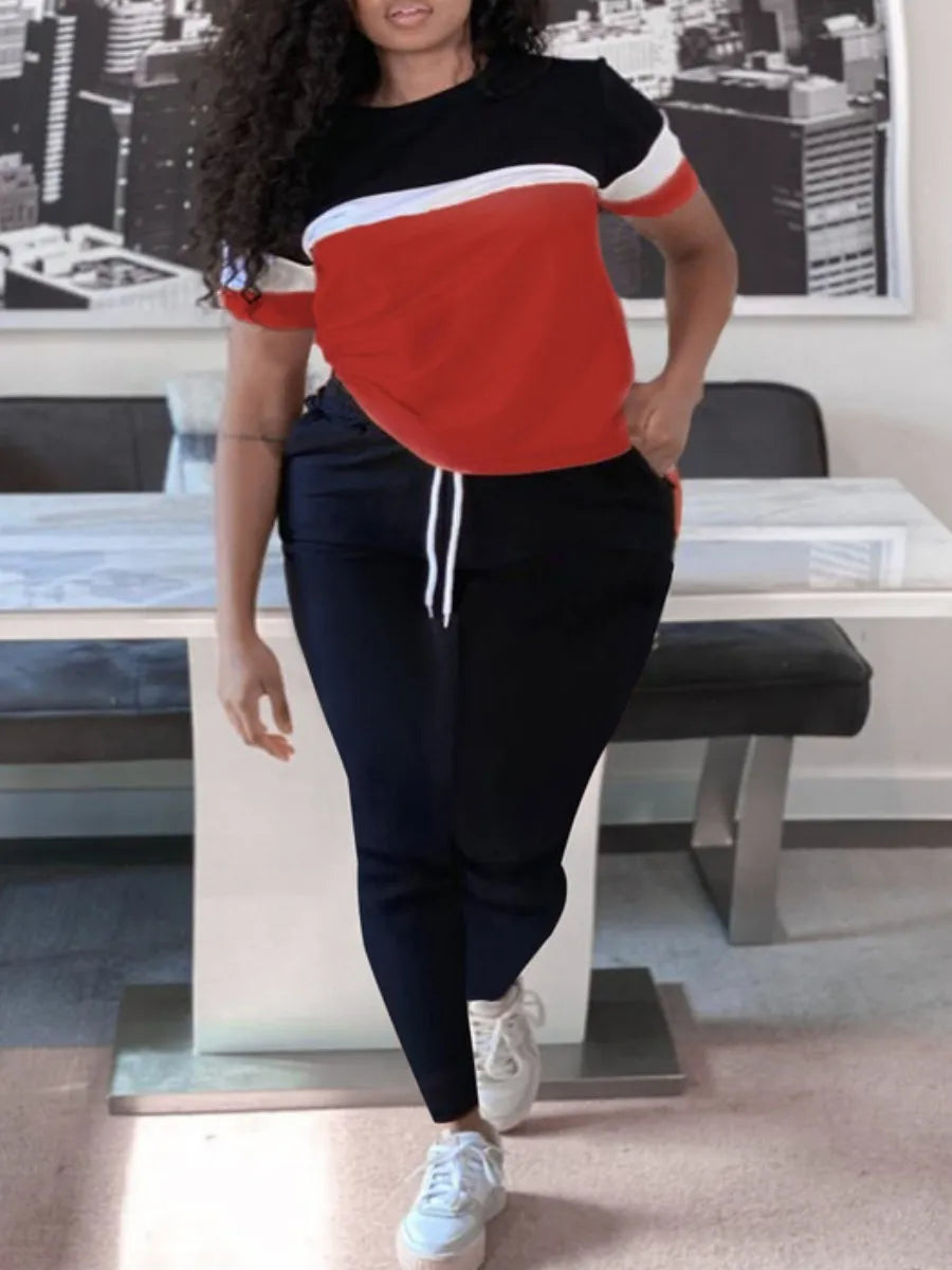 Plus-Size Patchwork Drawstring Pants Set-Red-XL-State of Style
