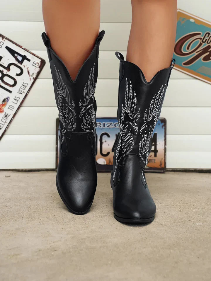 PU Leather Women's Cowboy Boots with Soft Lining - Clara-Black-6-State of Style