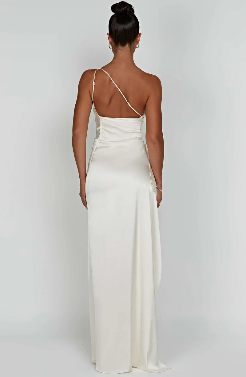 Satin Split Dress with One Shoulder - Vivienne-Red-XS-State of Style