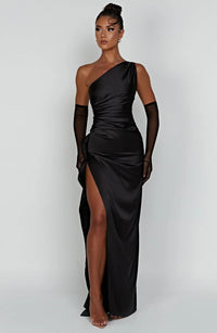 Satin Split Dress with One Shoulder - Vivienne-Red-XS-State of Style
