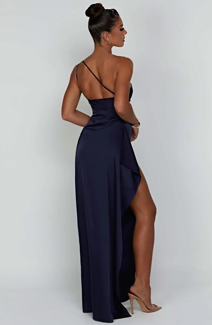 Satin Split Dress with One Shoulder - Vivienne-Red-XS-State of Style