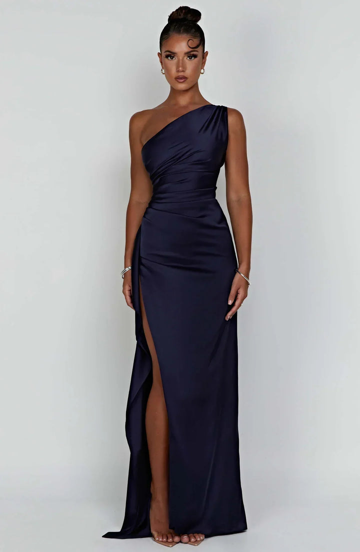 Satin Split Dress with One Shoulder - Vivienne-Red-XS-State of Style