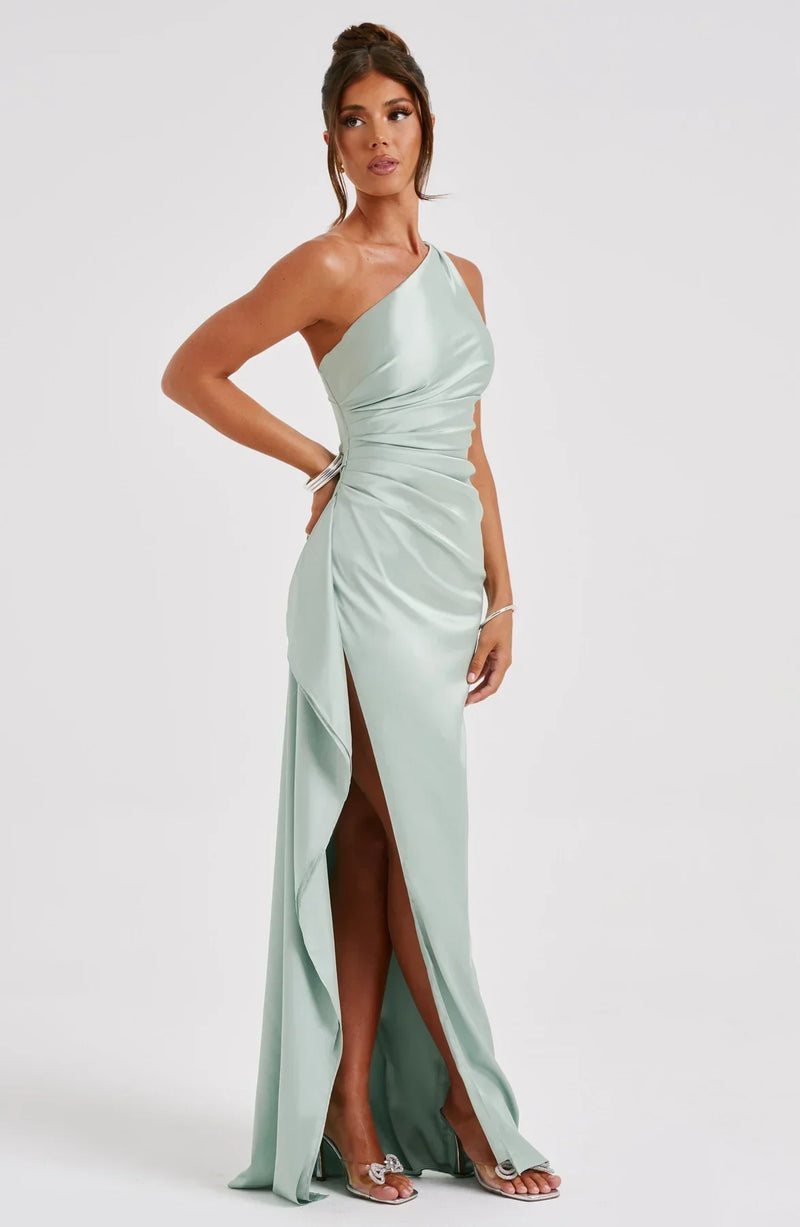 Satin Split Dress with One Shoulder - Vivienne-Red-XS-State of Style