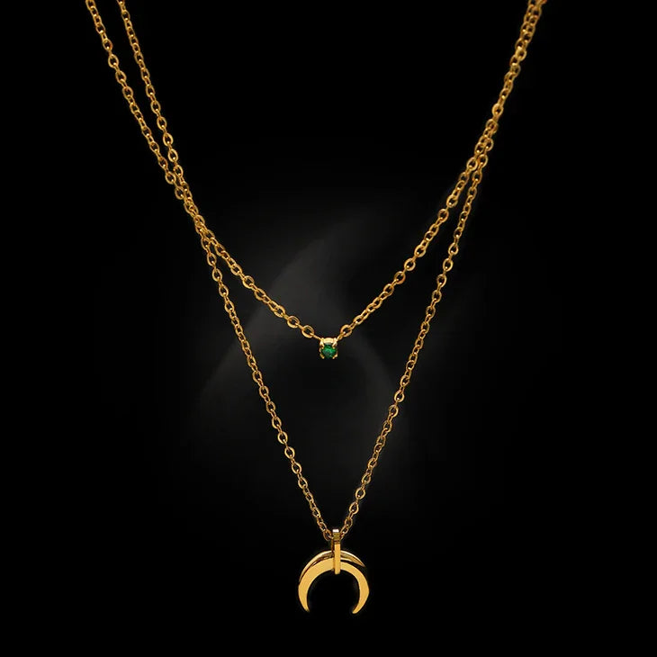 Selina Green Diamond Double Crescent Moon Necklace-State of Style