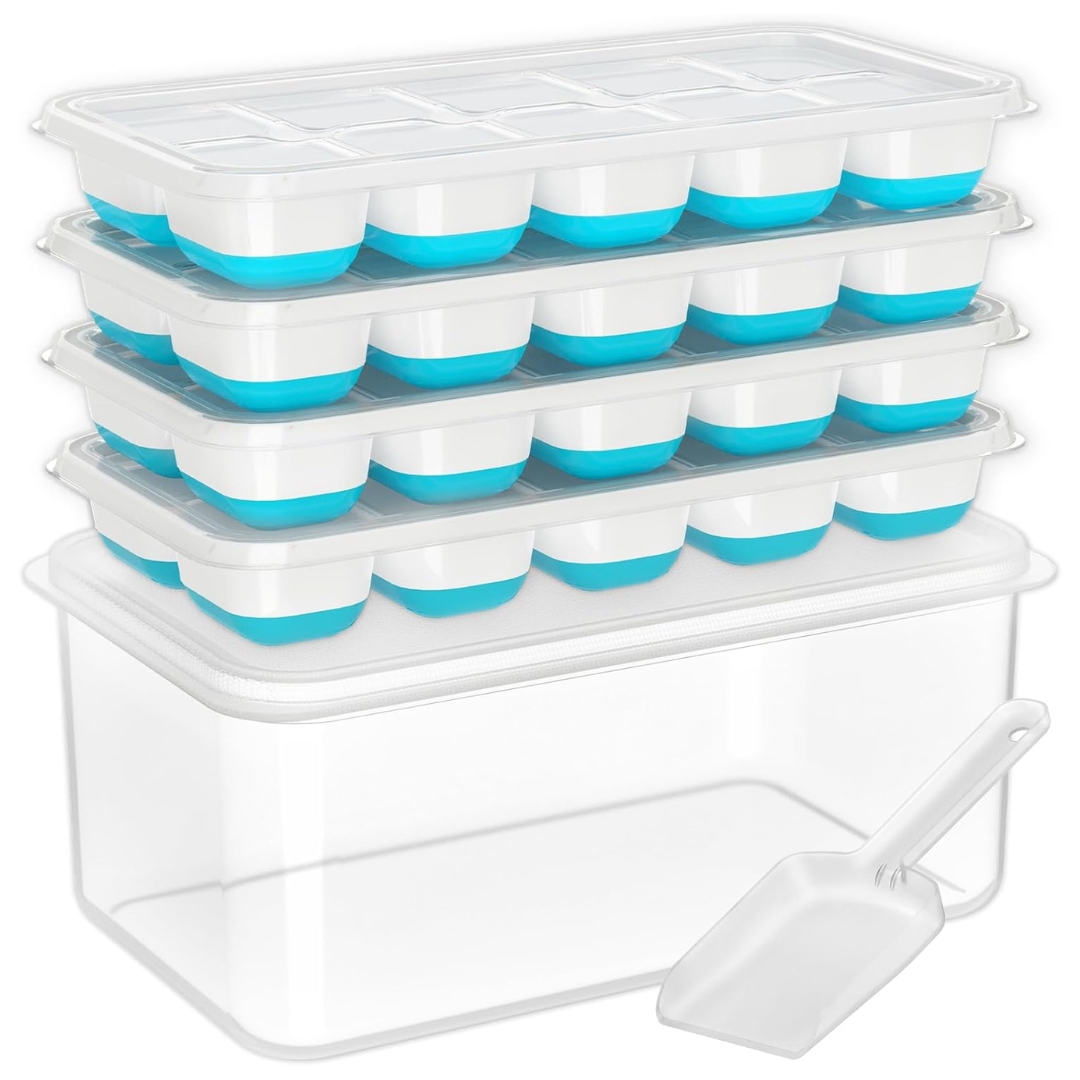 Stackable Silicone Ice Cube Trays with Storage Bin-White-Blue-State of Style