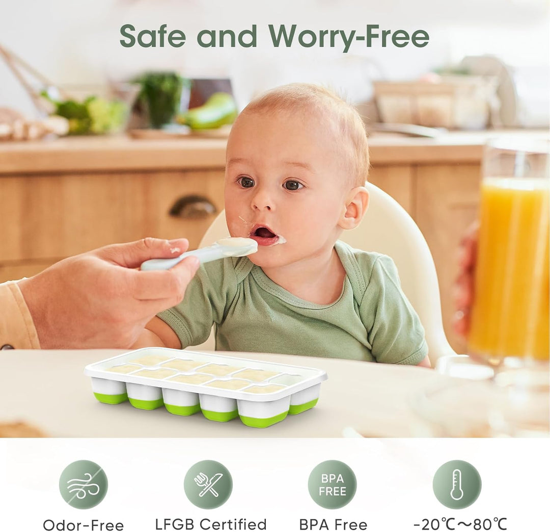 Stackable Silicone Ice Cube Trays with Storage Bin-White-Green-State of Style