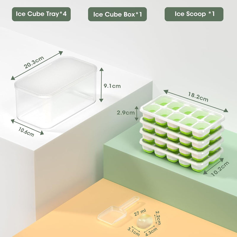 Stackable Silicone Ice Cube Trays with Storage Bin-White-Green-State of Style