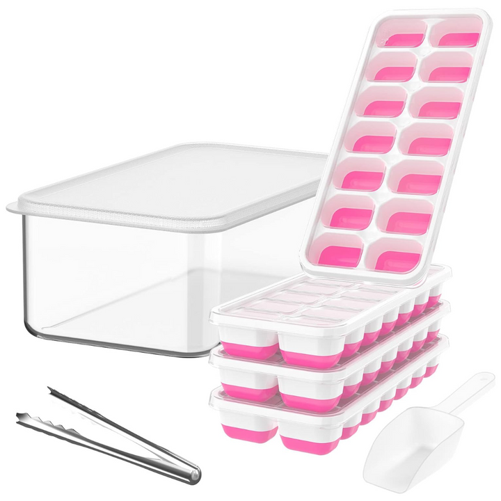Stackable Silicone Ice Cube Trays with Storage Bin-White-Pink-State of Style