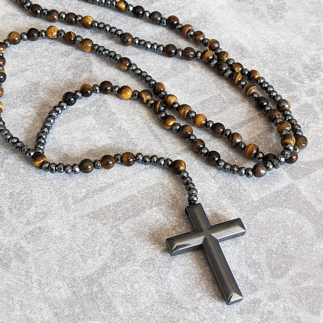 Tiger Eye and Lapis Lazuli Cross Rosary Necklace for Men - Orion-Tiger Eye-State of Style