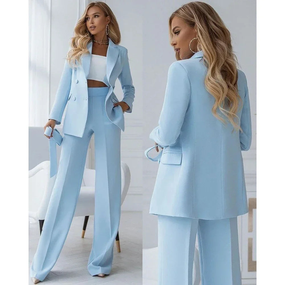 Two-piece light blue trouser suit set with double-breasted design – Vivienne-S-State of Style