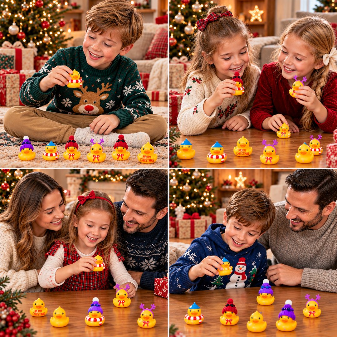 Four-panel collage of children and parents playing with festive rubber ducks in knitted hats at home 1