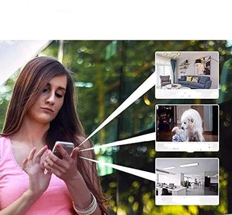 Woman checking her phone, with three linked live views of a living room, a child with a dog, and an office 8